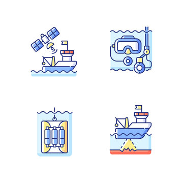 Marine exploration RGB color icons set. Taking water sampler from ocean or sea with use of special equipment and tools. Checking how clean is water. Isolated vector illustrations