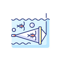 Zooplankton net RGB color icon. Equipment used for collecting samples of plankton in standing bodies of water. Getting information about nature. Isolated vector illustration