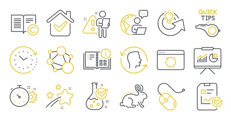 Set of Science icons, such as Integrity, Time change, Instruction info symbols. Computer mouse, Copyright, Tutorials signs. Chemistry lab, Cogwheel timer, Presentation. Recovery internet. Vector