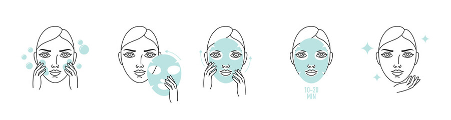 Facial sheet mask guide illustration. Vector face with facial mask.