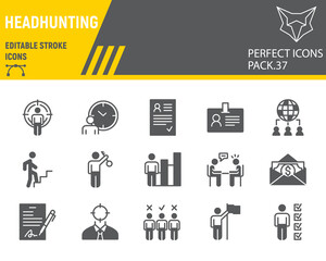Headhunting glyph icon set, head hunting collection, vector graphics, logo illustrations, recruitment vector icons, people signs, solid pictograms, editable stroke.