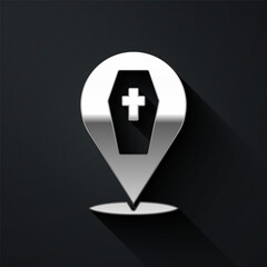 Silver Coffin with christian cross icon isolated on black background. Happy Halloween party. Long shadow style. Vector
