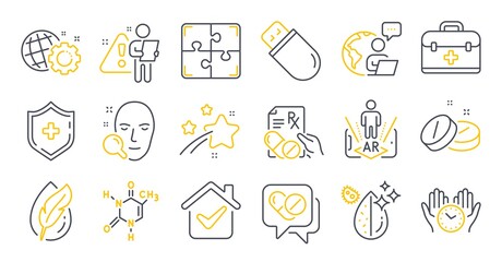 Set of Science icons, such as Seo gear, Hypoallergenic tested, Chemical formula symbols. Medical shield, Usb stick, Dirty water signs. Medical drugs, First aid, Prescription drugs. Puzzle. Vector