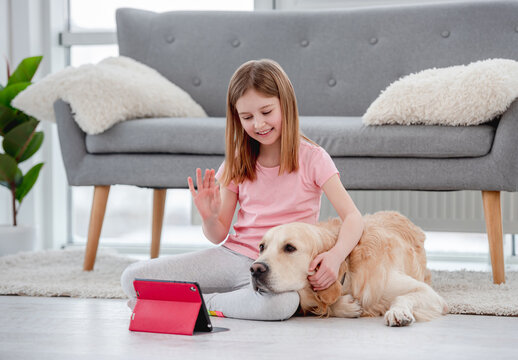 Girl with golden retriever dog talking online