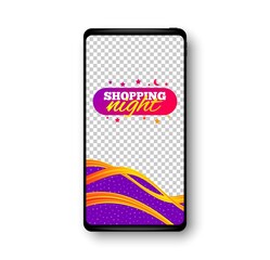 Shopping night banner. Phone mockup vector banner. Discount sticker shape. Hot offer icon. Social story post template. Shopping night badge. Cell phone frame. Liquid modern background. Vector