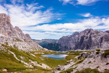 Beautiful mountain lakes in Italian Dolomites, hiking and recreation destination