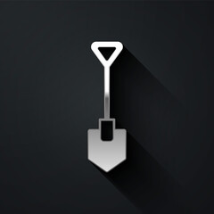 Silver Shovel icon isolated on black background. Gardening tool. Tool for horticulture, agriculture, farming. Long shadow style. Vector