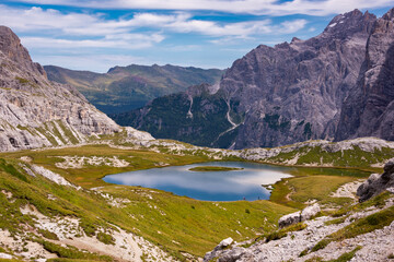 Beautiful mountain lakes in Italian Dolomites, hiking and recreation destination