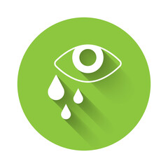 White Tear cry eye icon isolated with long shadow. Green circle button. Vector