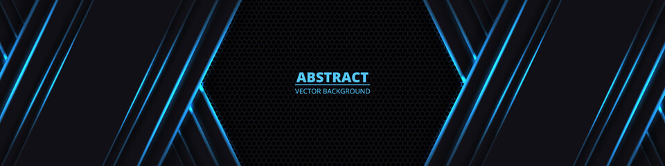 Dark abstract wide horizontal banner with hexagon carbon fiber grid. Technology background with blue luminous lines. Futuristic luxury modern backdrop. 