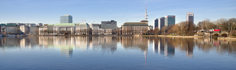 Panorama Hamburg Neuer Jungfernstieg sonnig im Vorfrühling