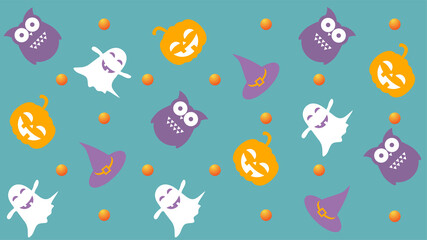 Vector illustration. Traditional flat cartoon characters and Halloween elements: pumpkin, ghost, owl and wizard hat. Cute and funny background. Print for children's clothing.