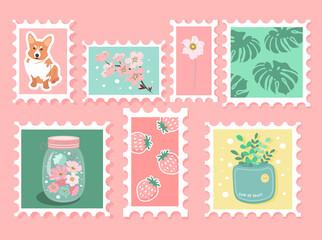 Set of beautiful hand-drawn post stamps. Variety of modern vector isolated post stamp designs. cute post stamps with plant, dog, berries. Mail and post office conceptual drawing.