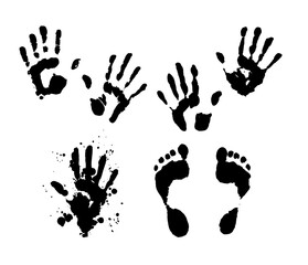 Vector set of isolated elements hand and foot prints. silhouettes of human hands and feet with splashes of black on a white background hand-drawn in ink for packaging design template, poster labels
