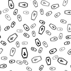 Black Coffin with christian cross icon isolated seamless pattern on white background. Happy Halloween party. Vector