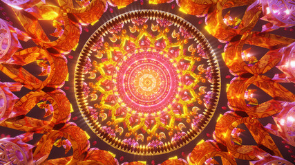 Psychedelic 3D seamless vj loop with trippy futuristic mandala background for audioviuals of trance acid patterns with infinite tunnel of meditation chakra illustration wallpaper