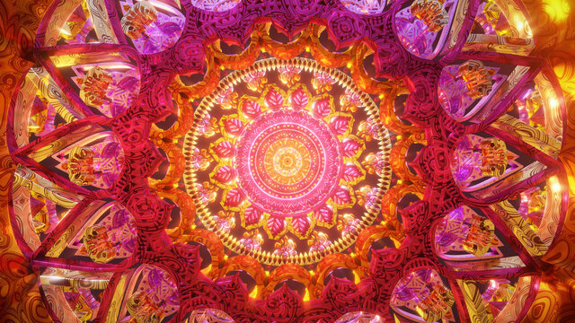 Psychedelic 3D seamless vj loop with trippy futuristic mandala background for audioviuals of trance acid patterns with infinite tunnel of meditation chakra illustration wallpaper