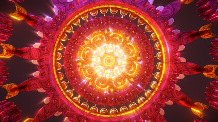 Psychedelic 3D seamless vj loop with trippy futuristic mandala background for audioviuals of trance acid patterns with infinite tunnel of meditation chakra illustration wallpaper