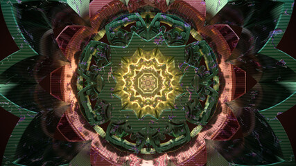 Psychedelic mandala kaleidoscope new age virtual digital oriental background 3d seamless loop vj tunnel with sacred geometry colors illustration wallpaper