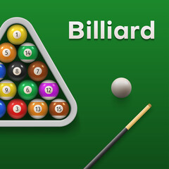 Colorful pool billiards banner tournament advertising with place for text vector illustration