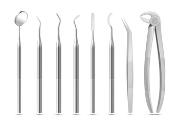 Collection of realistic metal dental instruments vector illustration dentistry surgery equipment