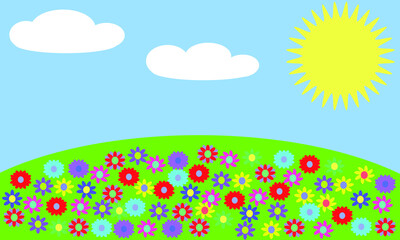 Fototapeta na wymiar Green hill mountain field of flowers, blue sky, sun and clouds vector cartoon nature summer wallpaper background landscape