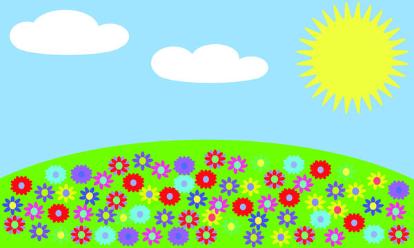 Green hill mountain field of flowers, blue sky, sun and clouds vector cartoon nature summer wallpaper background landscape