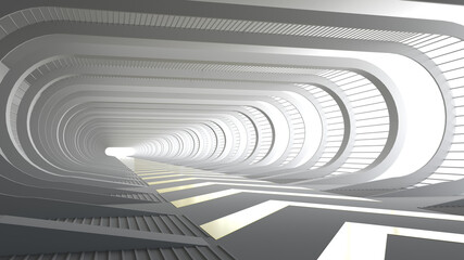 3D rendering of white empty room space and the pathway area indefinitely with the gap glowing in the dark and shadow. Museum space design. Forward arrow symbol and the gap, On the white floor.