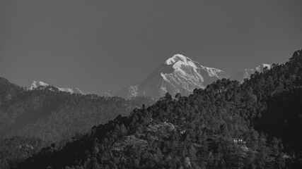 A view of the Trisul mountain peak on the Himalayan range and hills with trees in the foreground in monochrome
