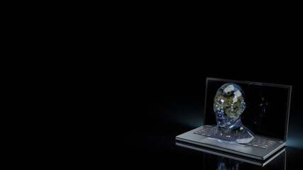 The human head crystal and gold gear inside on laptop  for machine learning or ai content 3d rendering.