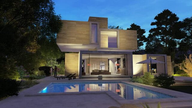 Contemporary original cubic home  with pool and garden in the evening