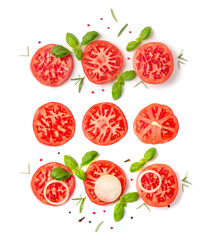 Sliced Tomatoes and Basil Top View and Flat Lay