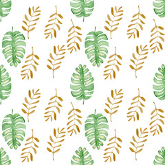 Wallpaper background digital paper seamless pattern with green monstera leaves and golden branches acrylic paint