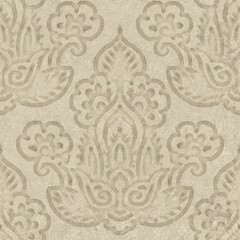 Seamless embossed paper texture for print. High quality illustration. Beige taupe or tan paper texture with embossed abstract ethnic tribal design overlay. Seamless repeat raster jpg pattern swatch.