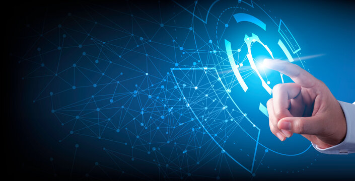 Hand touching modern interface digital transformation concept. Connection next generation technology and new era of innovation.