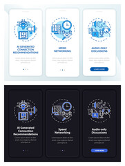 Distant meetings onboarding mobile app page screen with concepts. Networking events walkthrough 3 steps graphic instructions. UI, UX, GUI vector template with linear night and day mode illustrations