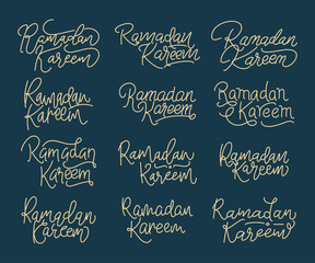 Collection of Ramadan Kareem modern calligraphy isolated on white background. Handwritten lettering. Hand drawn vector design elements. Muslim holy month.