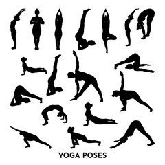 Set of yoga poses. Black woman silhouettes.