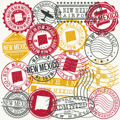 Fototapeta premium New Mexico, USA Set of Stamps. Travel Passport Stamps. Made In Product. Design Seals in Old Style Insignia. Icon Clip Art Vector Collection.