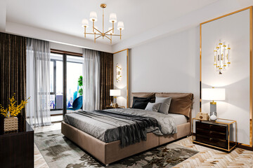 3d render of beautiful bedroom with chandelier - obrazy, fototapety, plakaty