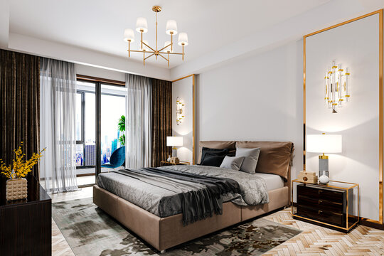 3d Render Of Beautiful Bedroom With Chandelier