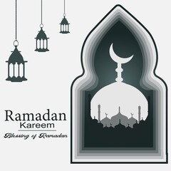 Ramadan Kareem Paper Cut with Mosque and moon , Hanging  Lamp On White Background.