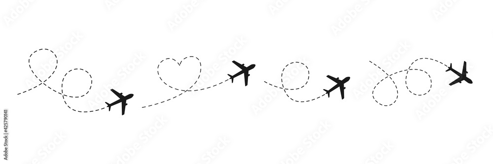 Wall mural airplane line path icon. vector illustration of air plane flight route with line trace isolated on w
