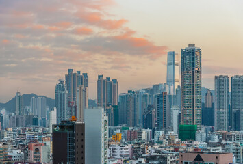 Skyline of downtown district of Hong Kong city at dusk