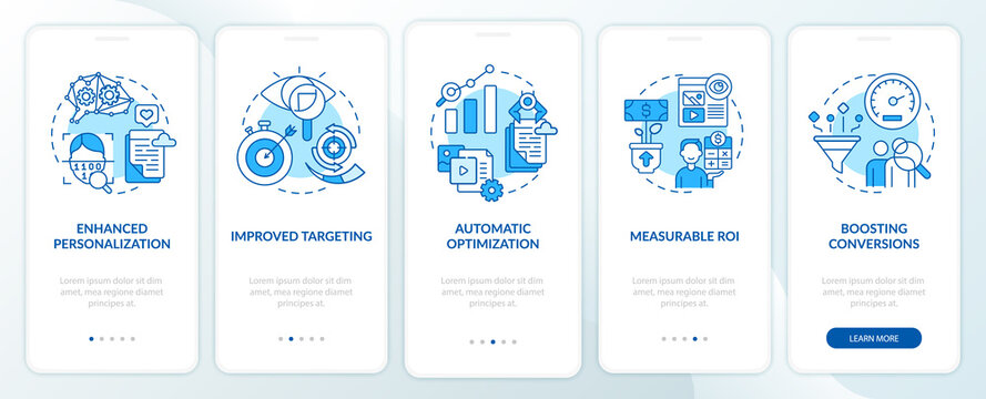 Smart content benefits blue onboarding mobile app page screen with concepts. Online business walkthrough 5 steps graphic instructions. UI, UX, GUI vector template with linear color illustrations