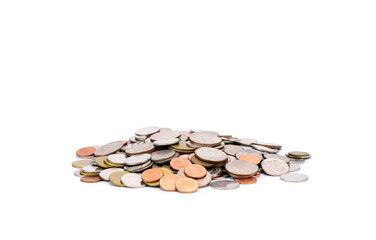 a pile of currency coins Investment, savings and profits business ideas isolated on white background