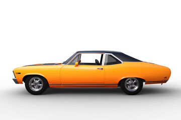Fototapeta na wymiar 3D illustration of an orange retro American sports car isolated on white.