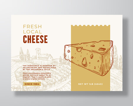 Fresh Cheese Food Label Template. Abstract Vector Packaging Design Layout. Modern Typography Banner with Hand Drawn Cheese Piece and Rural Landscape Background. Isolated