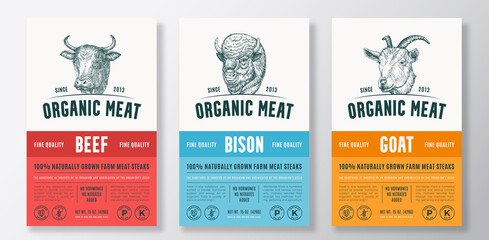 Organic Meat Abstract Vector Packaging Design or Label Templates Set. Farm Grown Steaks Banner. Modern Typography and Hand Drawn Cow, Bison and Goat Head Silhouettes Backgrounds Layout Collection