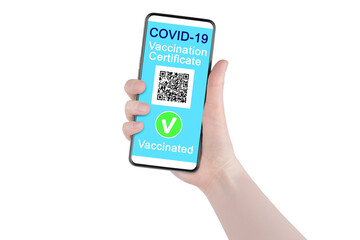 Coronavirus vaccination certificate smartphone screen human hand white background isolated, vaccinated person, digital COVID 19 immunity health passport mobile phone app, international tourism, travel